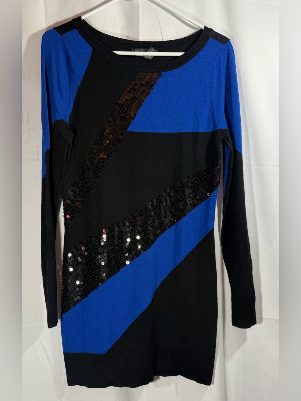 INC International Concepts Blue and Black Sequin Crewneck Sweater Dress Size M